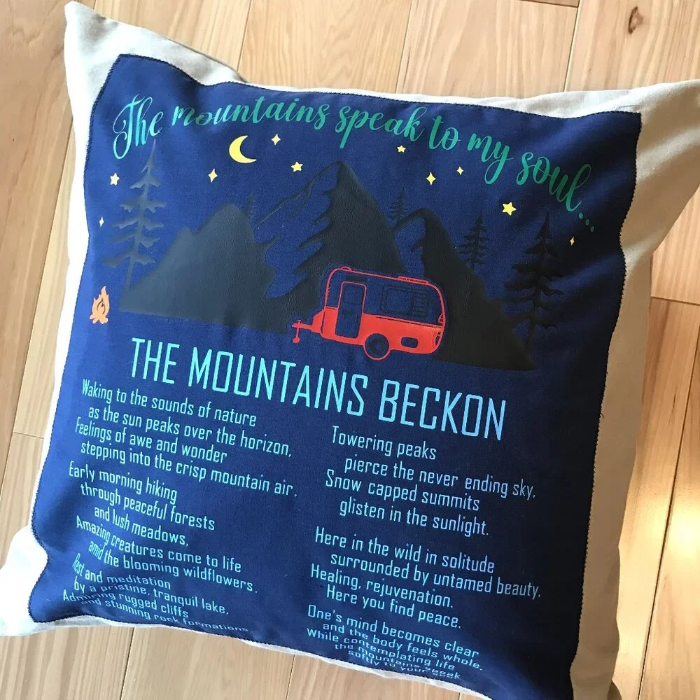 Mountain Camping Pillow Cover, Handmade Vintage Camper Cabin Decor 18 x 18 in.